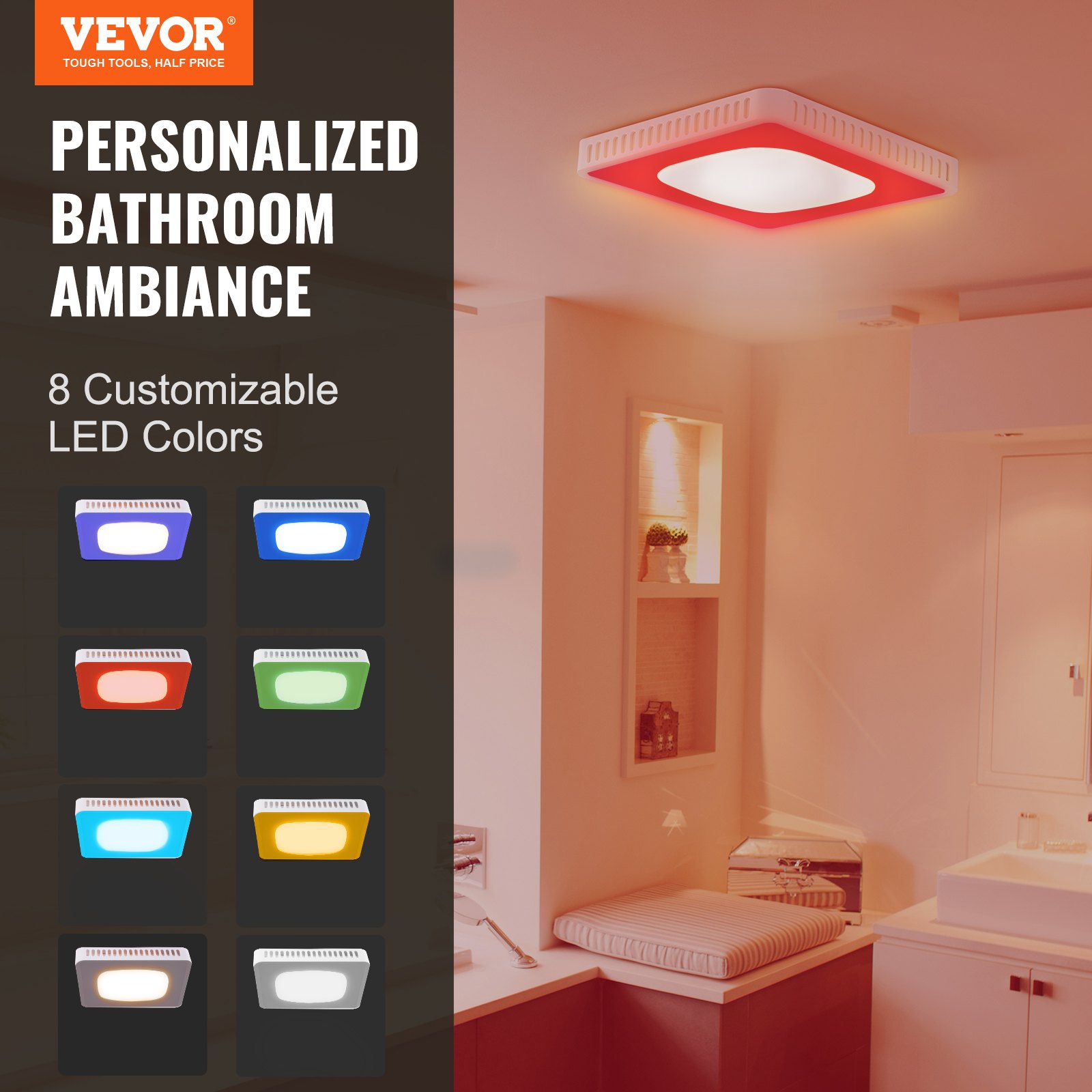 VEVOR Bathroom Exhaust Fan, 8 LED Colors, 110 CFM Efficiency Ventilation, 1.5sones Low Noise All-Copper Motor, Energy-Saving Bathroom Ceiling Fan, No Need For Attic Access, For Various Ceilings