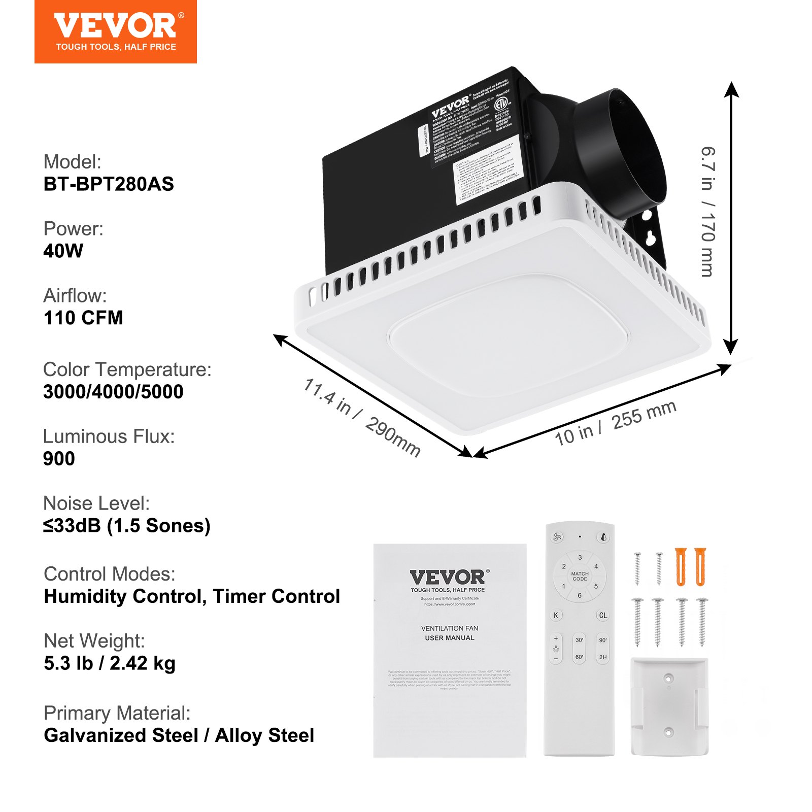 VEVOR Bathroom Exhaust Fan, 8 LED Colors, 110 CFM Efficiency Ventilation, 1.5sones Low Noise All-Copper Motor, Energy-Saving Bathroom Ceiling Fan, No Need For Attic Access, For Various Ceilings