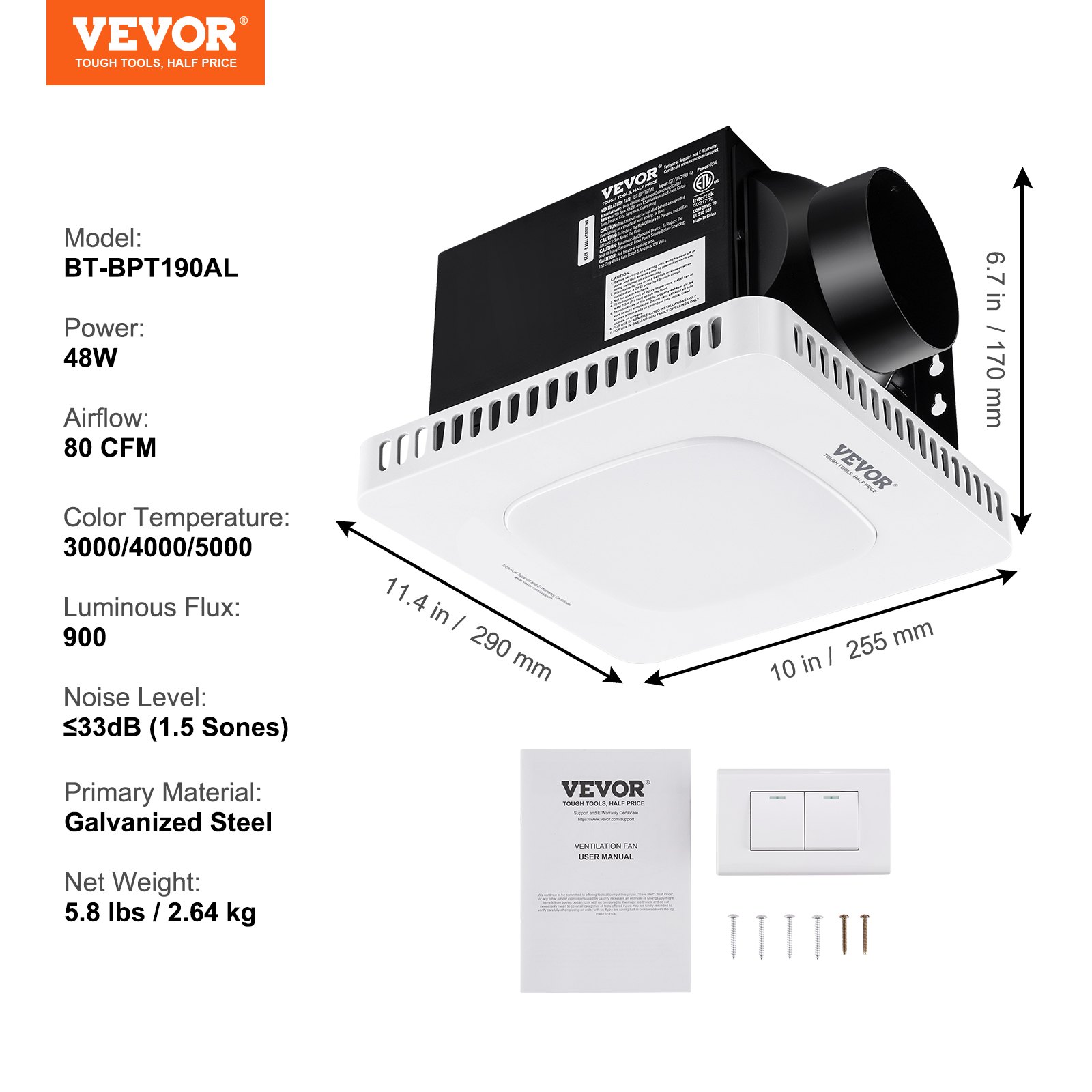 VEVOR Bathroom Exhaust Fan, 80 CFM High-Efficiency Ventilation, 1.5sones Low Noise Operation All-Copper Motor, Energy-Saving Bathroom Ceiling Fan, No Need For Attic Access, For Various Ceilings