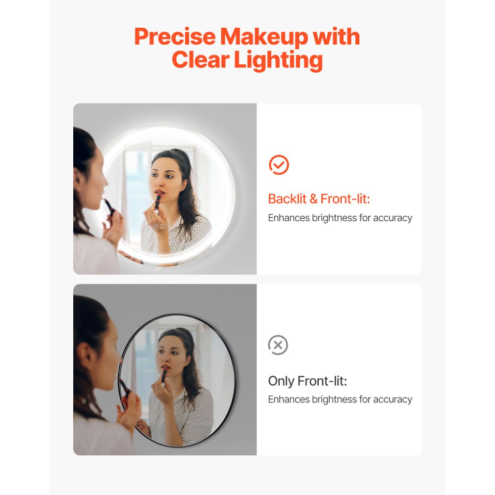 VEVOR LED Bathroom Mirror, 60 cm LED Bathroom Round Vanity Mirror with Frontlit and Backlit, Anti-Fog Memory Mirror with Lights, Stepless 3 Colors Temperature Dimmable Bathroom Mirror, Wall Mounted
