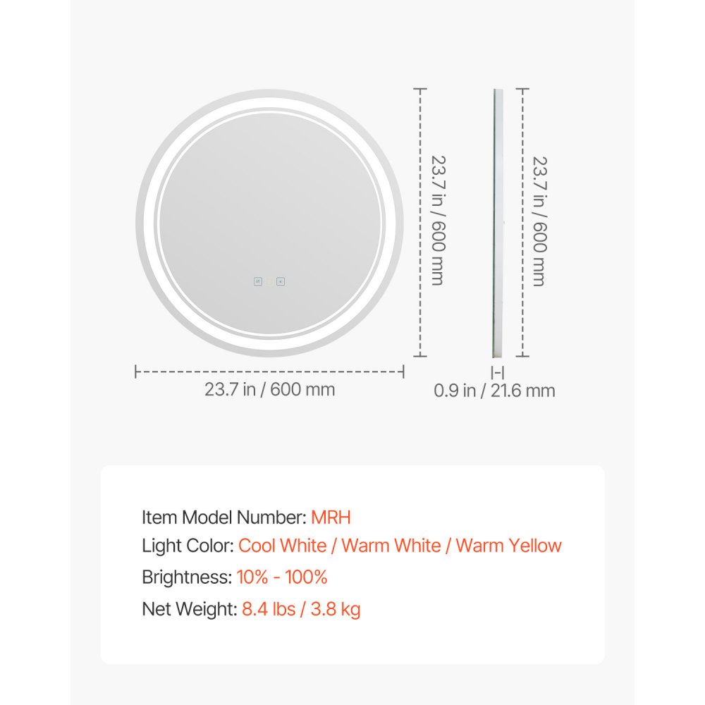 VEVOR LED Bathroom Mirror, 60 cm LED Bathroom Round Vanity Mirror with Frontlit and Backlit, Anti-Fog Memory Mirror with Lights, Stepless 3 Colors Temperature Dimmable Bathroom Mirror, Wall Mounted