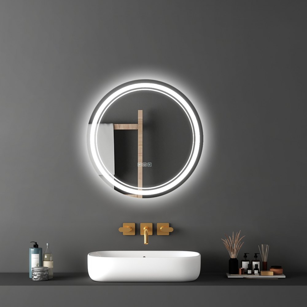 VEVOR LED Bathroom Mirror, 60 cm LED Bathroom Round Vanity Mirror with Frontlit and Backlit, Anti-Fog Memory Mirror with Lights, Stepless 3 Colors Temperature Dimmable Bathroom Mirror, Wall Mounted