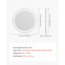 VEVOR LED Bathroom Mirror 3 Color Anti-fog Wall Mounted Round Vanity Mirror 60cm