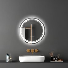 VEVOR LED Bathroom Mirror 3 Color Anti-fog Wall Mounted Round Vanity Mirror 60cm