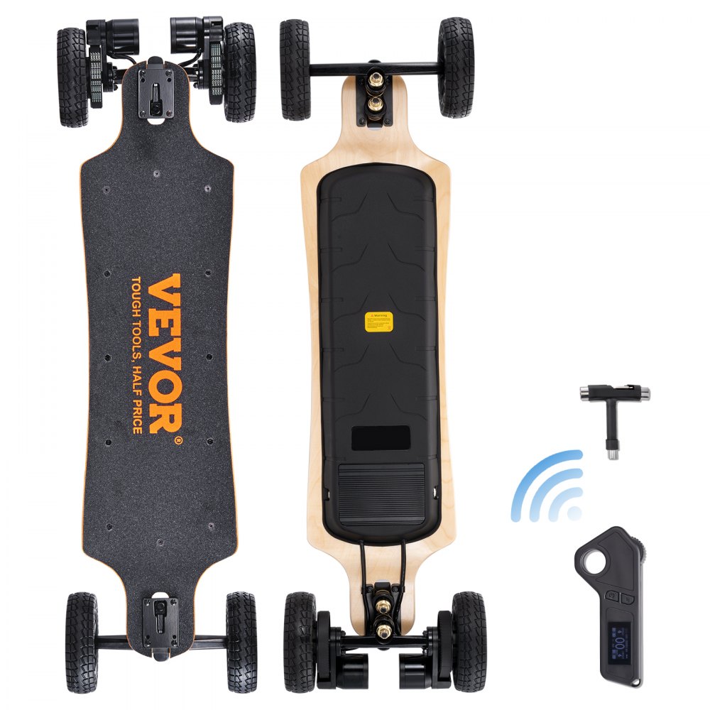 VEVOR electric longboard skateboard with remote control and toolset, showcasing top and bottom views.