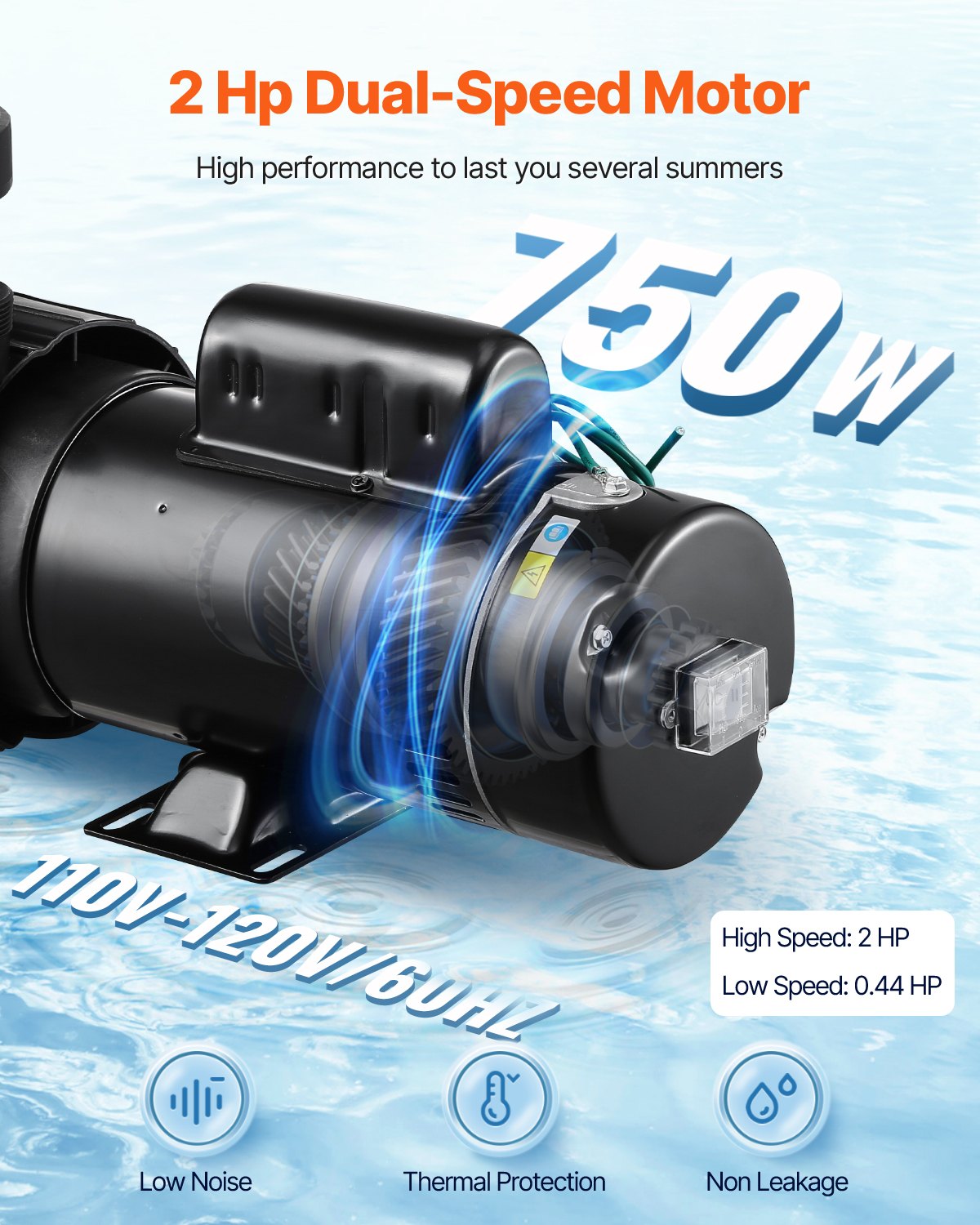VEVOR Above Ground Pool Pump, 2HP/0.44HP, Dual Speed Swimming Pool Pump, High 118 GPM 56 ft Lift, Low 57 GPM 14 ft Lift, 110V 3450 RPM with Strainer Basket, 122°F Max Water Temp, for Hot Tubs Spas