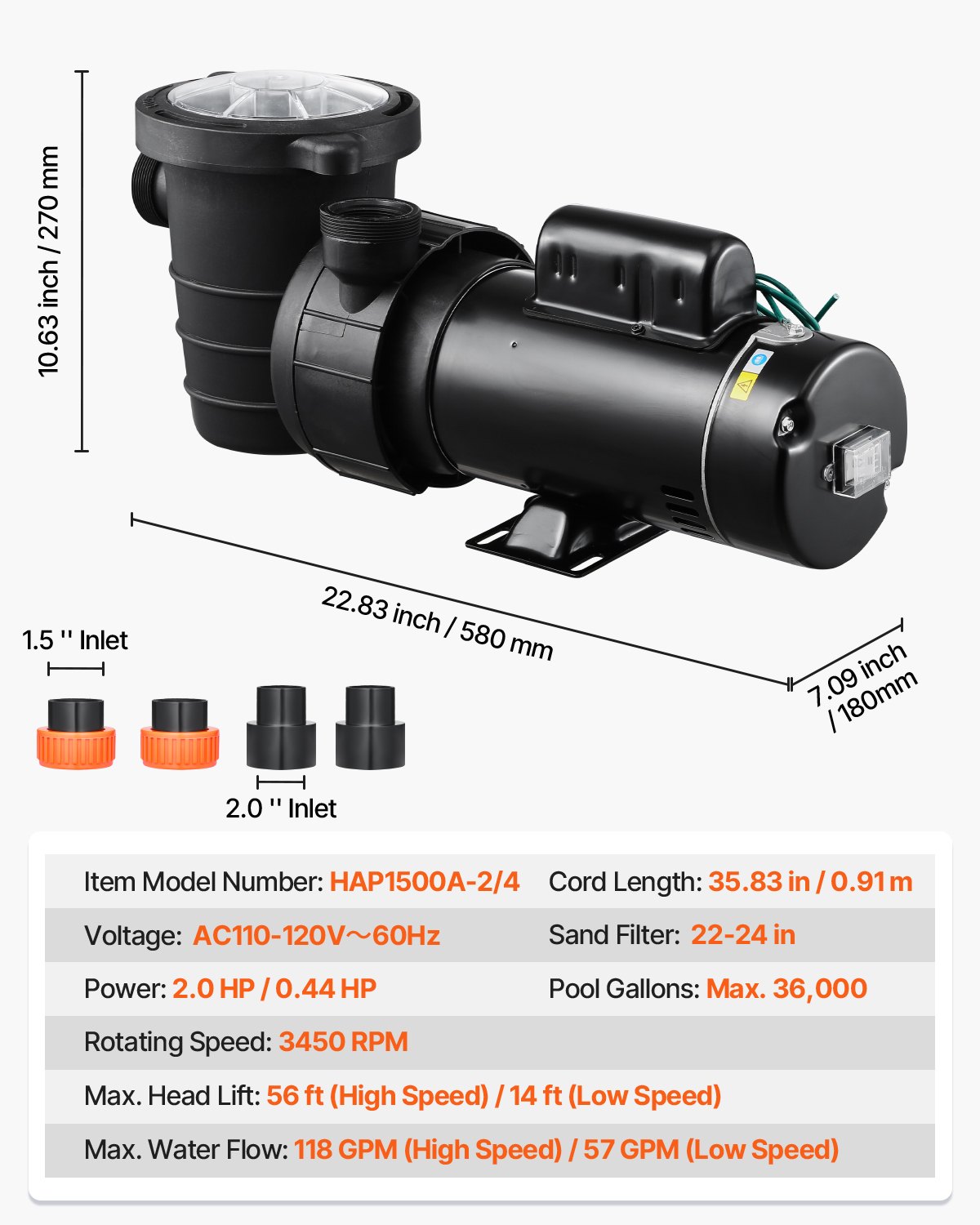 VEVOR Above Ground Pool Pump, 2HP/0.44HP, Dual Speed Swimming Pool Pump, High 118 GPM 56 ft Lift, Low 57 GPM 14 ft Lift, 110V 3450 RPM with Strainer Basket, 122°F Max Water Temp, for Hot Tubs Spas