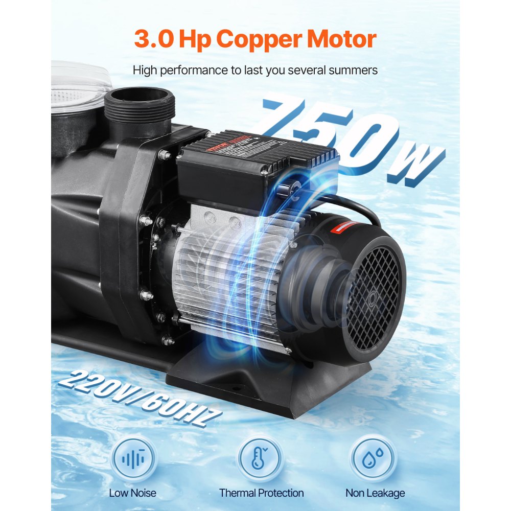 VEVOR Above Ground Pool Pump, 3 HP, 149 GPM Max Flow Single Speed Swimming Pool Pump, 220V 3450 RPM 42 ft Max Head Lift with PP Shell Strainer Basket, 122°F Max Water Temp, for Hot Tubs Spas, No Plug