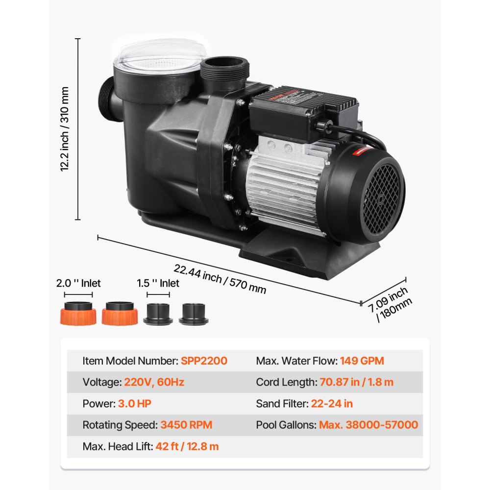 VEVOR Above Ground Pool Pump, 3 HP, 149 GPM Max Flow Single Speed Swimming Pool Pump, 220V 3450 RPM 42 ft Max Head Lift with PP Shell Strainer Basket, 122°F Max Water Temp, for Hot Tubs Spas, No Plug
