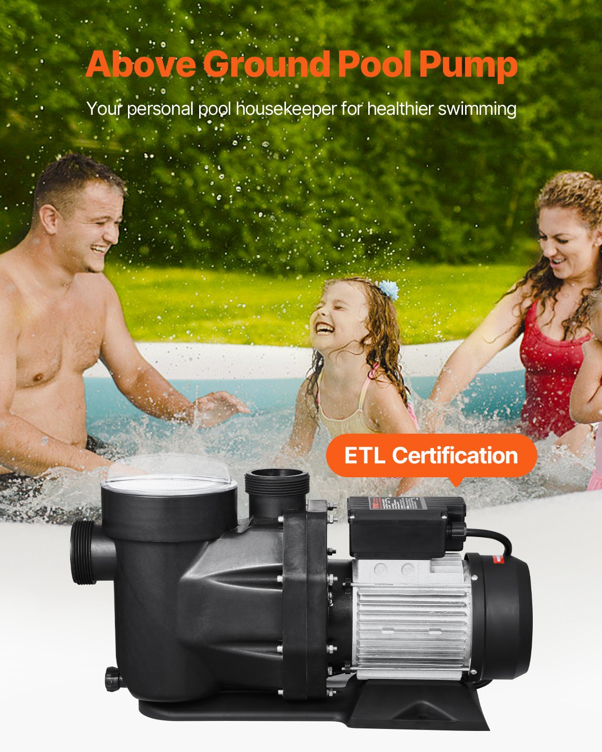 VEVOR Above Ground Pool Pump, 3 HP, 149 GPM Max Flow Single Speed Swimming Pool Pump, 220V 3450 RPM 42 ft Max Head Lift with PP Shell Strainer Basket, 122°F Max Water Temp, for Hot Tubs Spas, No Plug
