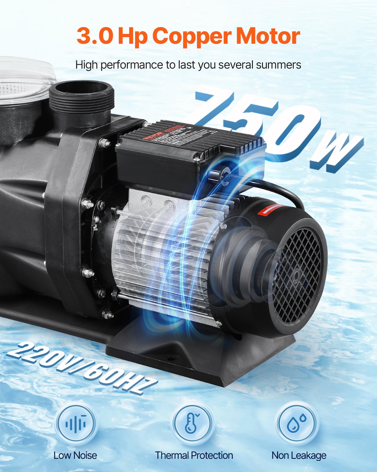 VEVOR Above Ground Pool Pump, 3 HP, 149 GPM Max Flow Single Speed Swimming Pool Pump, 220V 3450 RPM 42 ft Max Head Lift with PP Shell Strainer Basket, 122°F Max Water Temp, for Hot Tubs Spas, No Plug
