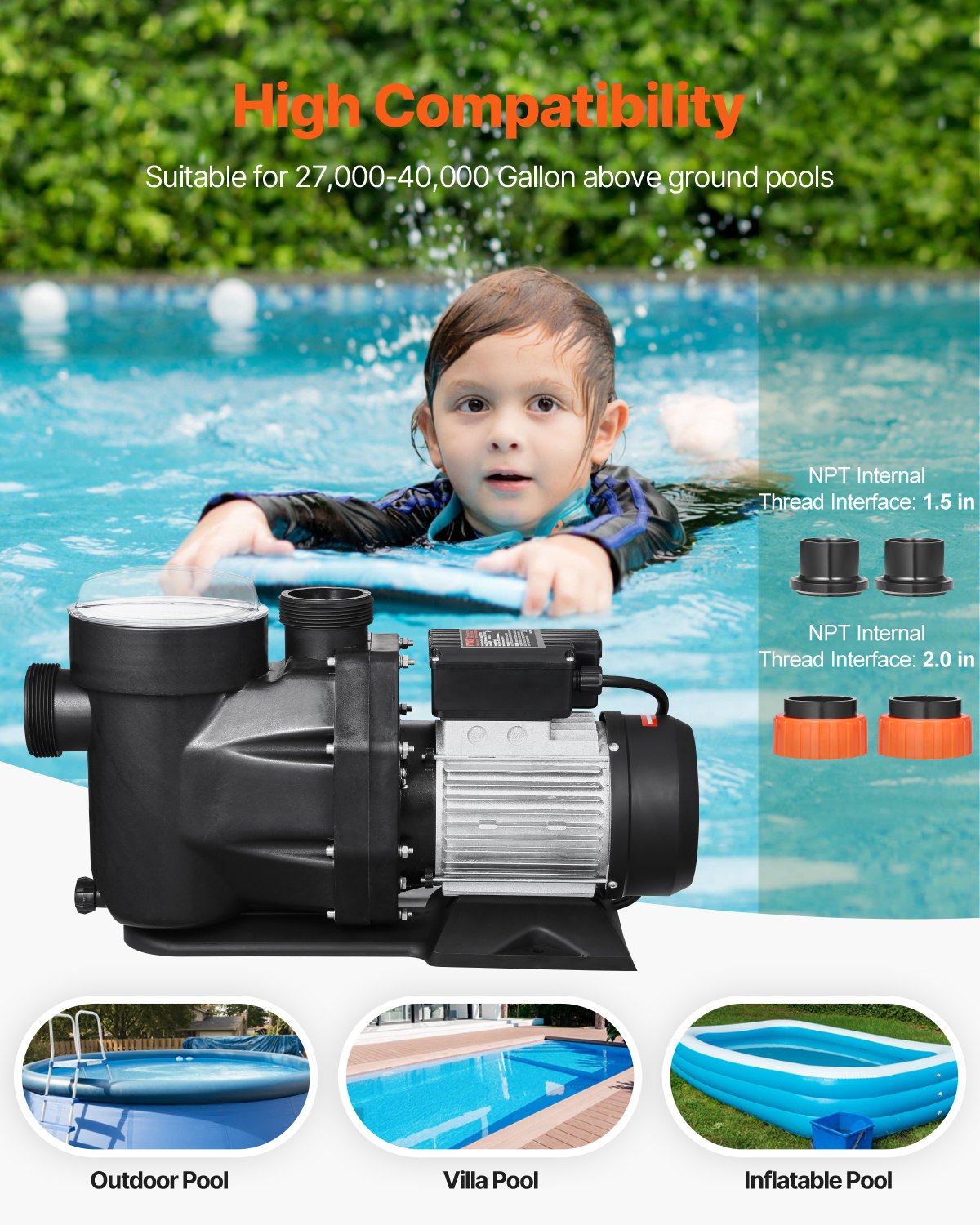 VEVOR Above Ground Pool Pump, 3 HP, 149 GPM Max Flow Single Speed Swimming Pool Pump, 220V 3450 RPM 42 ft Max Head Lift with PP Shell Strainer Basket, 122°F Max Water Temp, for Hot Tubs Spas, No Plug