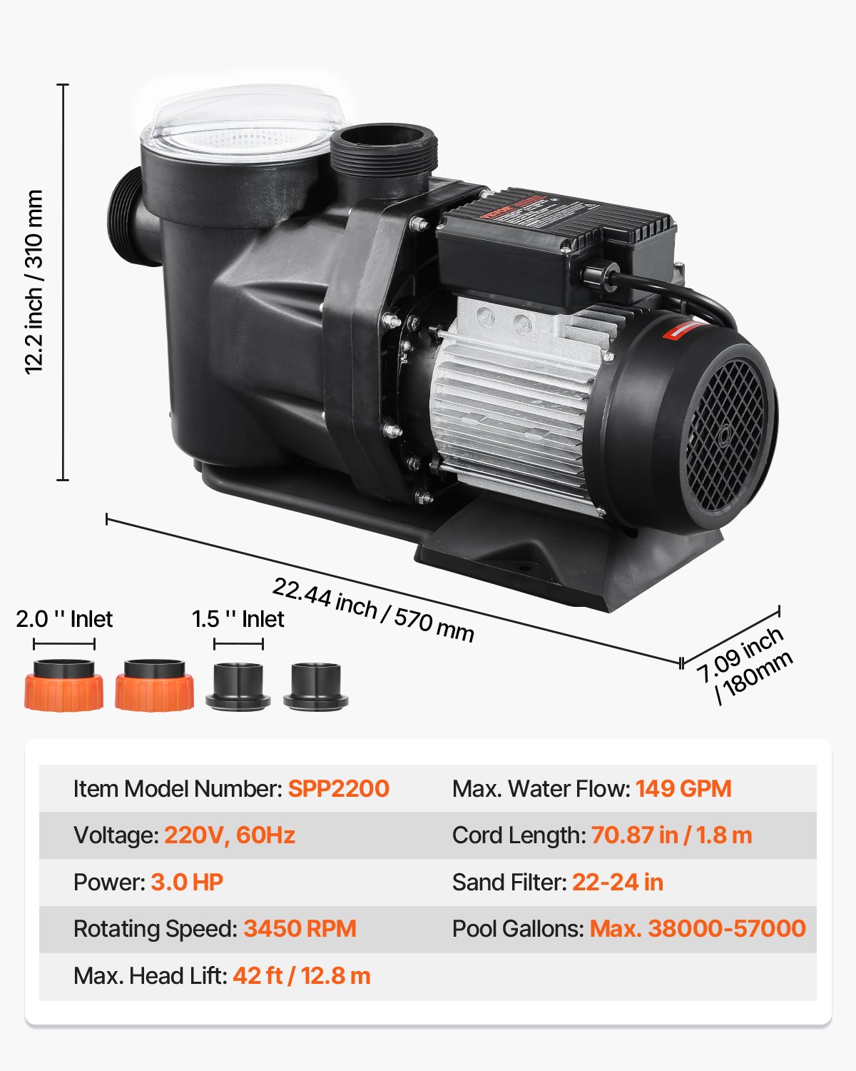 VEVOR Above Ground Pool Pump, 3 HP, 149 GPM Max Flow Single Speed Swimming Pool Pump, 220V 3450 RPM 42 ft Max Head Lift with PP Shell Strainer Basket, 122°F Max Water Temp, for Hot Tubs Spas, No Plug