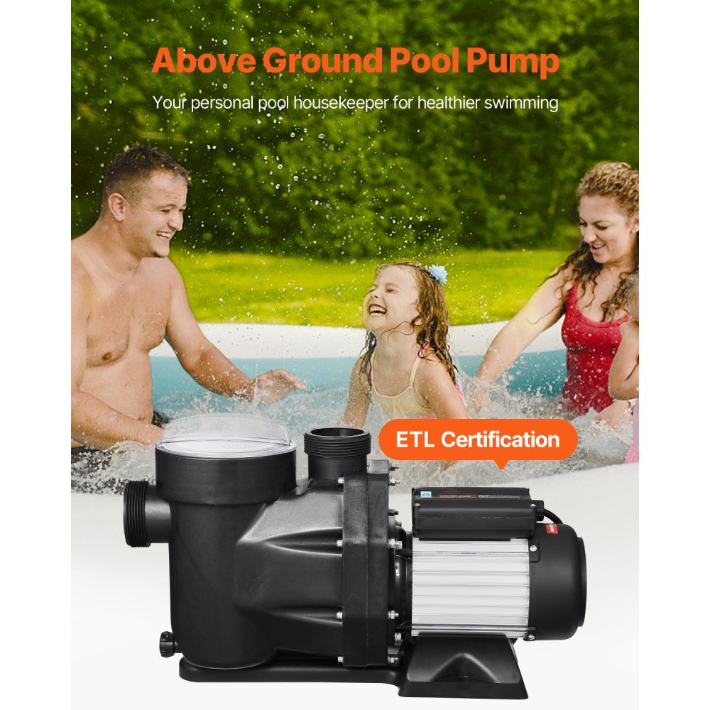 VEVOR Above Ground Pool Pump, 2 HP, 135 GPM Max Flow Single Speed Swimming Pool Pump, 220V 3450 RPM 61 ft Max Head Lift with PP Shell Strainer Basket, 122°F Max Water Temp, for Hot Tubs Spas, No Plug