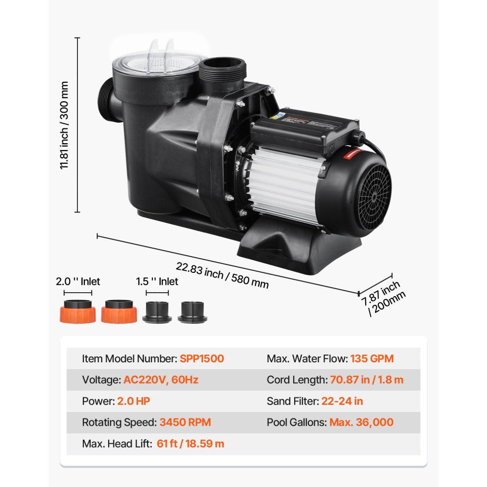 VEVOR Above Ground Pool Pump, 2 HP, 135 GPM Max Flow Single Speed Swimming Pool Pump, 220V 3450 RPM 61 ft Max Head Lift with PP Shell Strainer Basket, 122°F Max Water Temp, for Hot Tubs Spas, No Plug