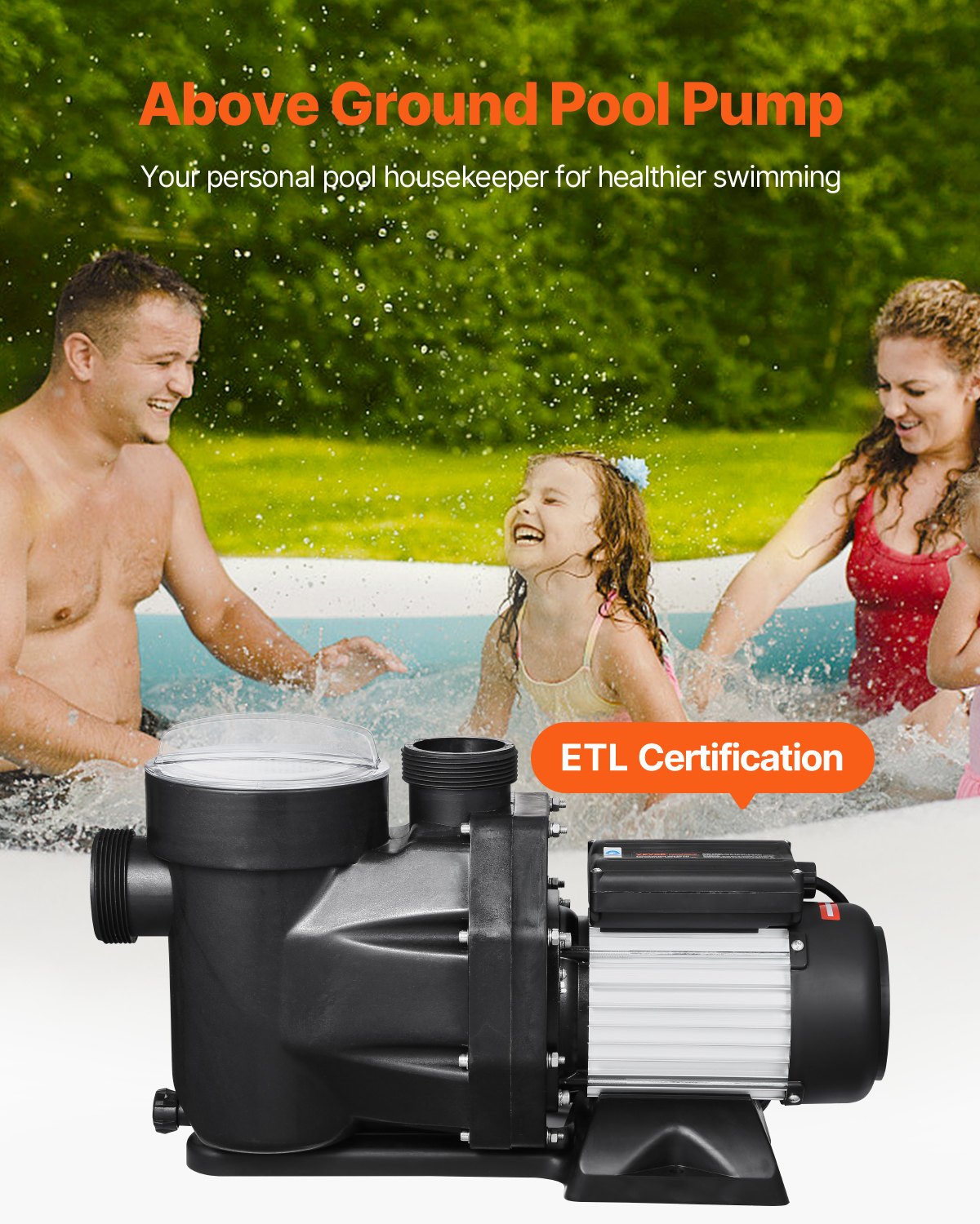 VEVOR Above Ground Pool Pump, 2 HP, 135 GPM Max Flow Single Speed Swimming Pool Pump, 220V 3450 RPM 61 ft Max Head Lift with PP Shell Strainer Basket, 122°F Max Water Temp, for Hot Tubs Spas, No Plug