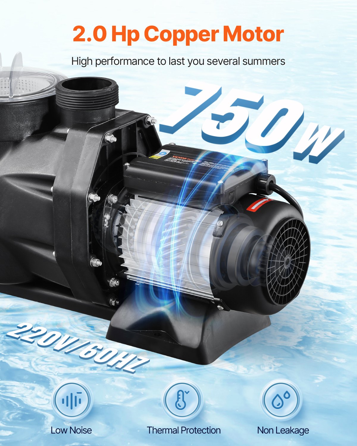VEVOR Above Ground Pool Pump, 2 HP, 135 GPM Max Flow Single Speed Swimming Pool Pump, 220V 3450 RPM 61 ft Max Head Lift with PP Shell Strainer Basket, 122°F Max Water Temp, for Hot Tubs Spas, No Plug