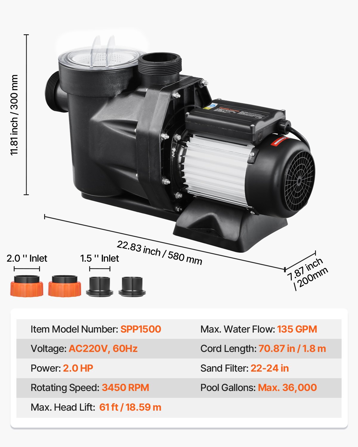 VEVOR Above Ground Pool Pump, 2 HP, 135 GPM Max Flow Single Speed Swimming Pool Pump, 220V 3450 RPM 61 ft Max Head Lift with PP Shell Strainer Basket, 122°F Max Water Temp, for Hot Tubs Spas, No Plug