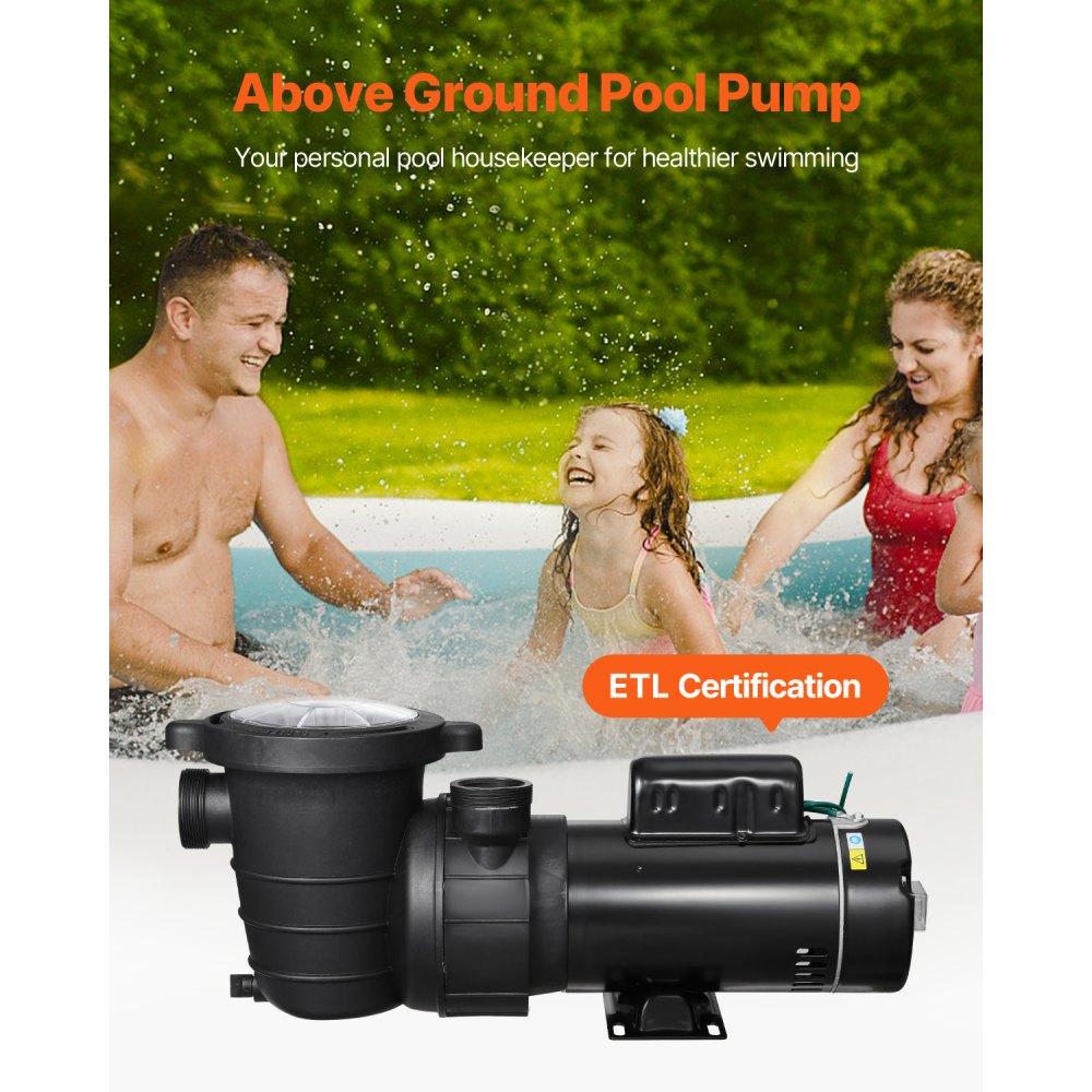 VEVOR Above Ground Pool Pump, 1.5HP/0.35HP, Dual Speed Swimming Pool Pump, High 110 GPM 54 ft Lift, Low 52 GPM 14 ft Lift, 110V 3450 RPM with Strainer Basket, 122°F Max Water Temp, for Hot Tubs Spas