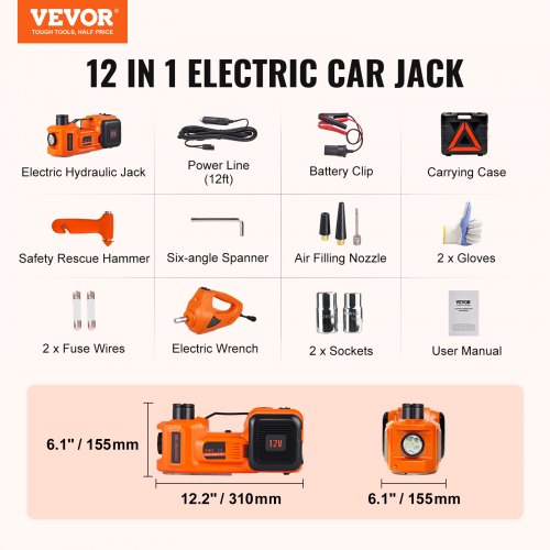 VEVOR Electric Hydraulic Car Floor Jack 5 Ton 12V w/Impact Wrench Inflator Pump