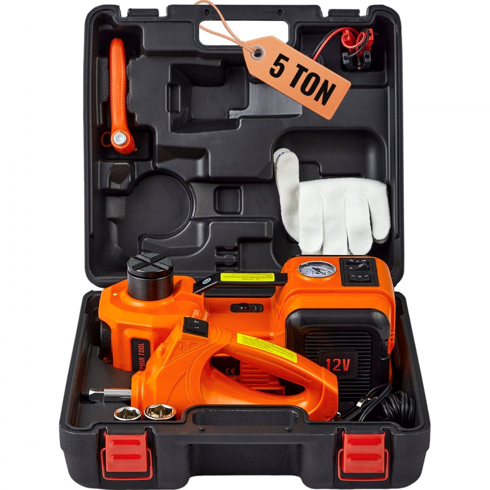 VEVOR electric car jack 5 ton, 12v in a black case with orange tools, gloves, and a gauge.