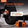 VEVOR electric car jack lifting a car, suited for vehicles under 5t/11023lbs, with a tagline "hit the road again."