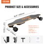 VEVOR electric longboard dimensions, remote control, t-socket wrench, charger, usb cable, and user manual.