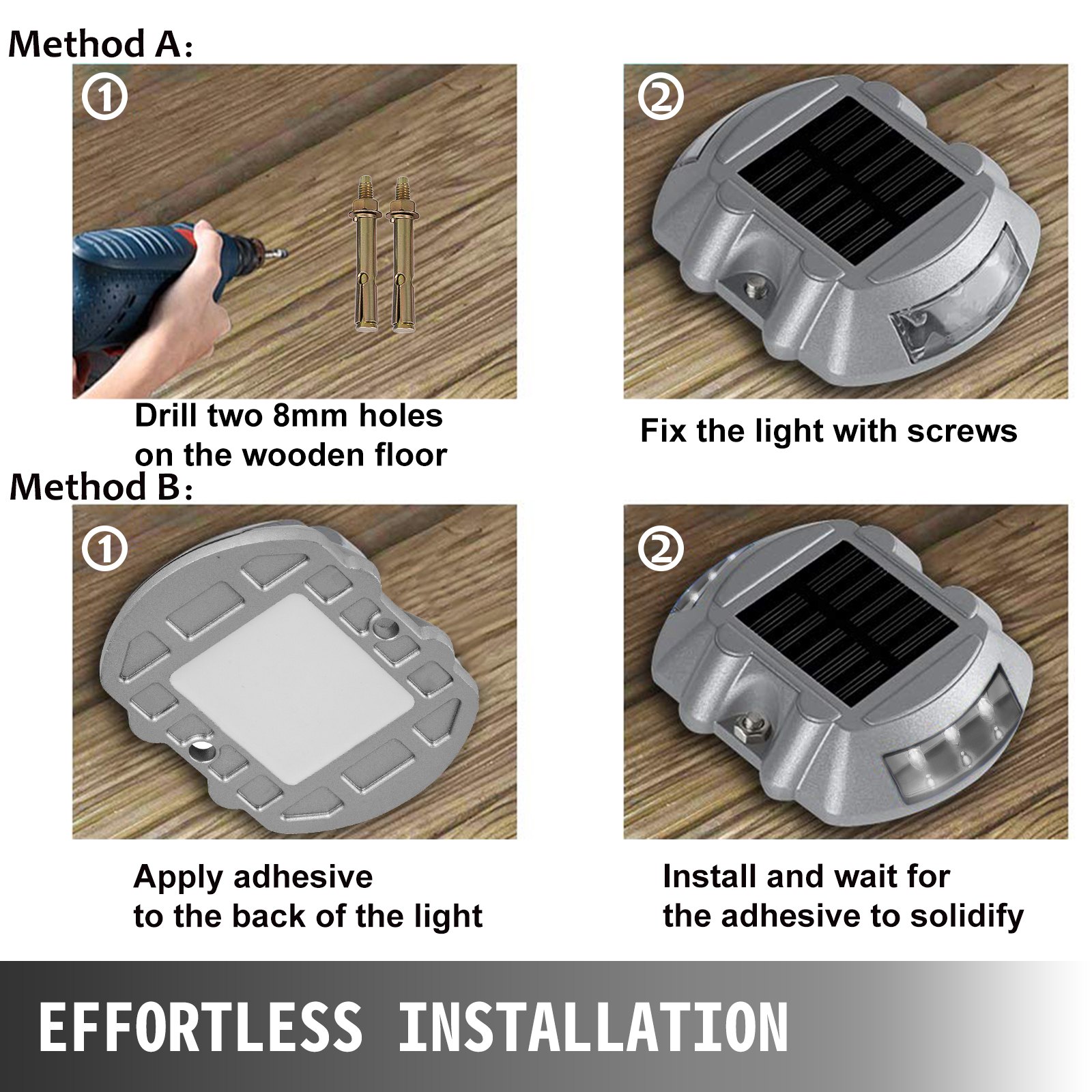 Solar Deck Lights with Swtich, Solar Driveway Lights LED Bright White, Dock Lights with Screw Outdoor Waterproof Flat for Boat, Marine, Lake, Warning