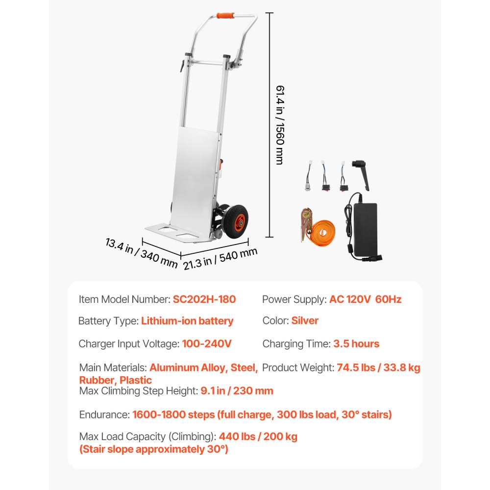 VEVOR Electric Stair Climbing Dolly, 440lbs Capacity Electric Stair Climbing Hand Trucks with 157.5in Rope & Folding Handle, Heavy Duty Stair Climber for Warehouse Logistics, Moving Furniture(Silver)