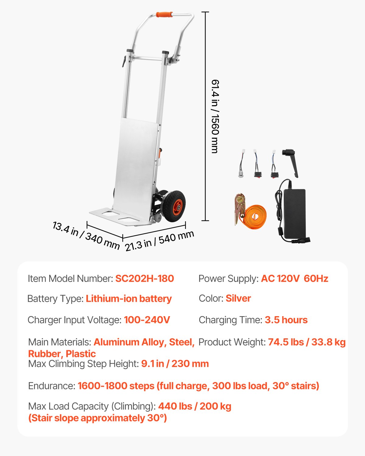 VEVOR Electric Stair Climbing Dolly, 440lbs Capacity Electric Stair Climbing Hand Trucks with 157.5in Rope & Folding Handle, Heavy Duty Stair Climber for Warehouse Logistics, Moving Furniture(Silver)