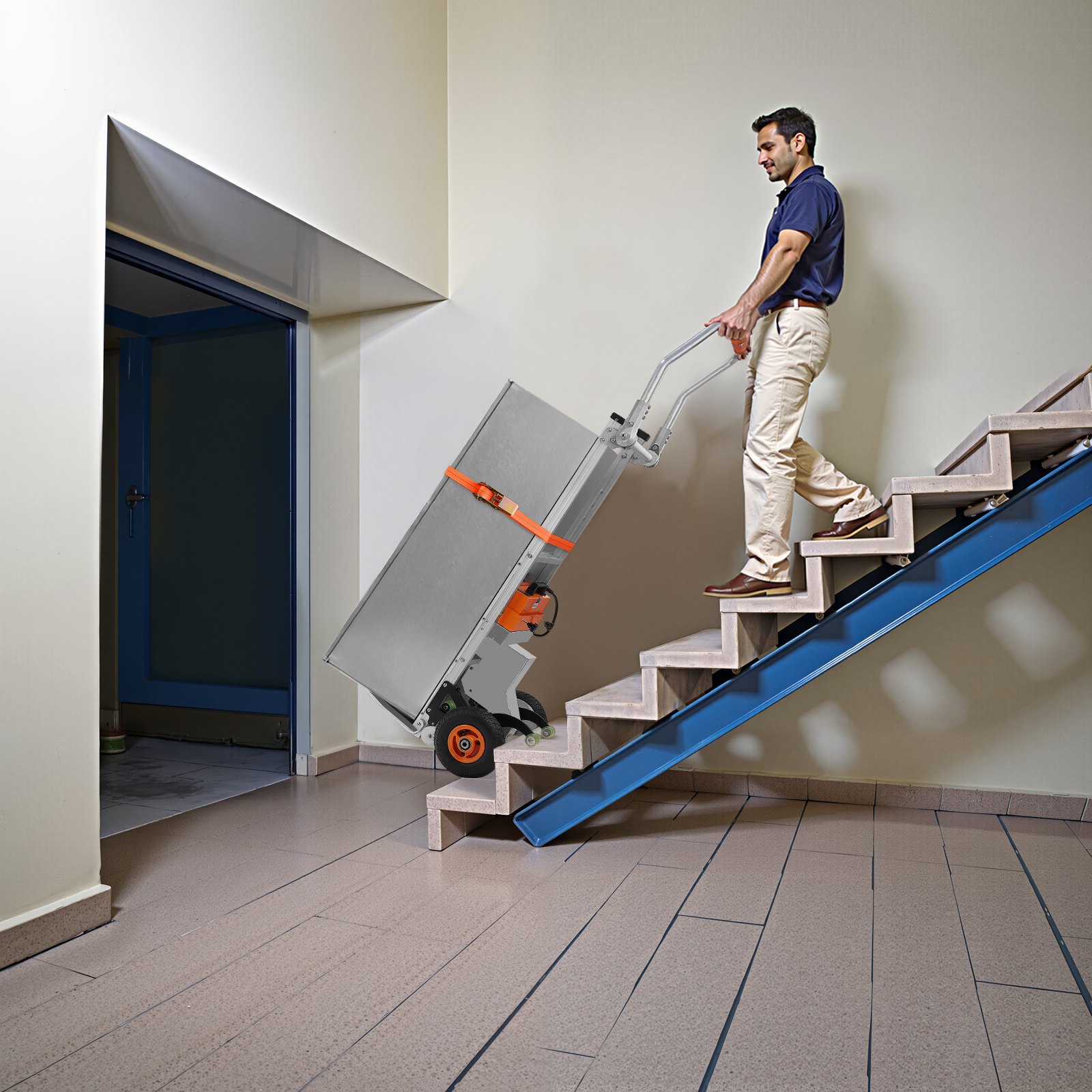 VEVOR Electric Stair Climbing Dolly, 440lbs Capacity Electric Stair Climbing Hand Trucks with 157.5in Rope & Folding Handle, Heavy Duty Stair Climber for Warehouse Logistics, Moving Furniture(Silver)