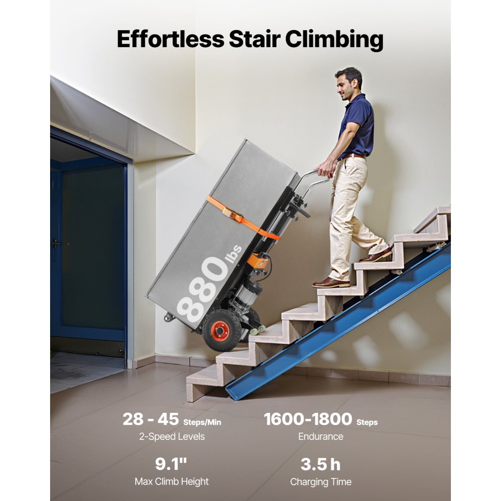 VEVOR Electric Stair Climbing Dolly, 880lbs Electric Stair Climbing Hand Trucks with 157.5in Rope & Extendable Handle, Heavy Duty Stair Climber for Warehouse Logistics, Moving Furniture(Black)