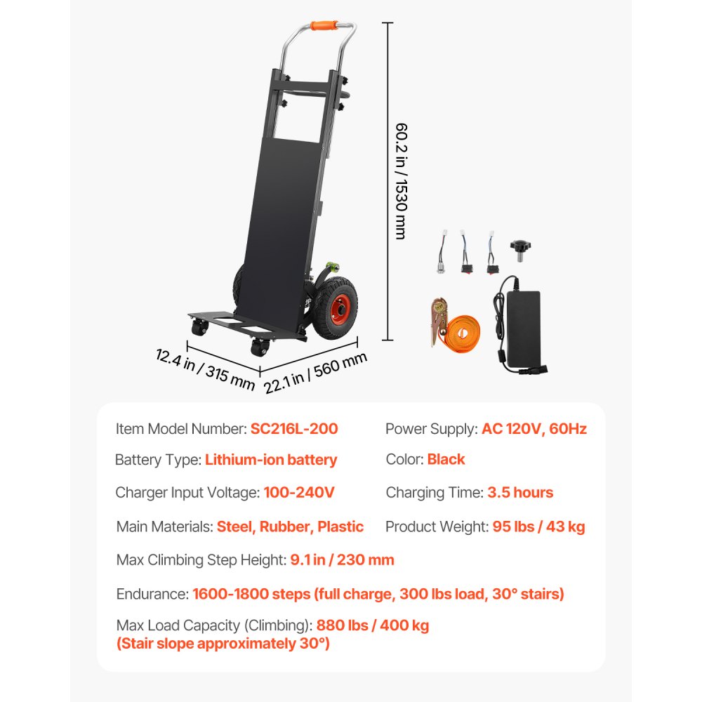 VEVOR Electric Stair Climbing Dolly, 880lbs Electric Stair Climbing Hand Trucks with 157.5in Rope & Extendable Handle, Heavy Duty Stair Climber for Warehouse Logistics, Moving Furniture(Black)