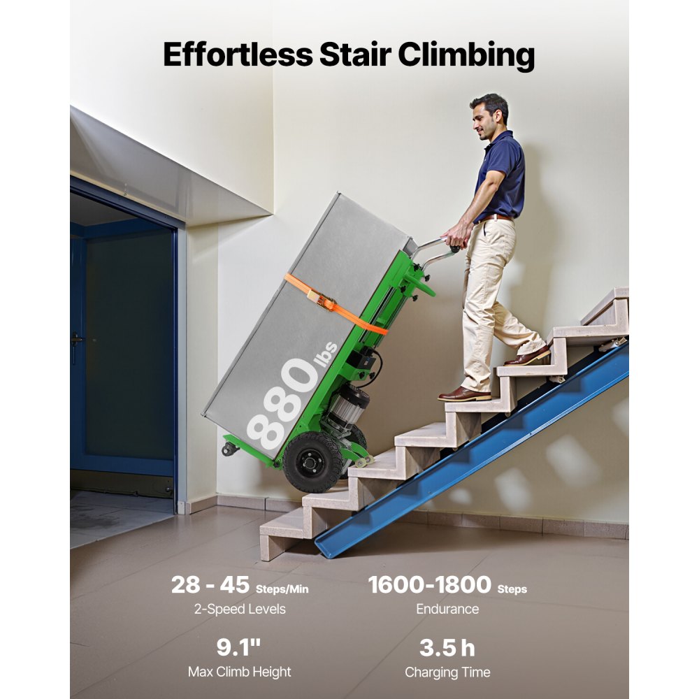 VEVOR Electric Stair Climbing Dolly, 880lbs Electric Stair Climbing Hand Trucks with 157.5in Rope & Extendable Handle, Heavy Duty Stair Climber for Warehouse Logistics, Moving Furniture(Green)