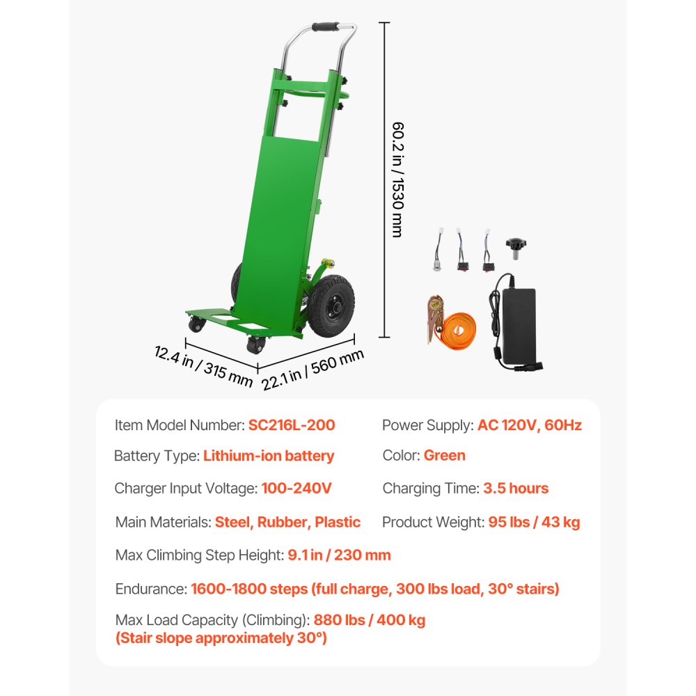 VEVOR Electric Stair Climbing Dolly, 880lbs Electric Stair Climbing Hand Trucks with 157.5in Rope & Extendable Handle, Heavy Duty Stair Climber for Warehouse Logistics, Moving Furniture(Green)