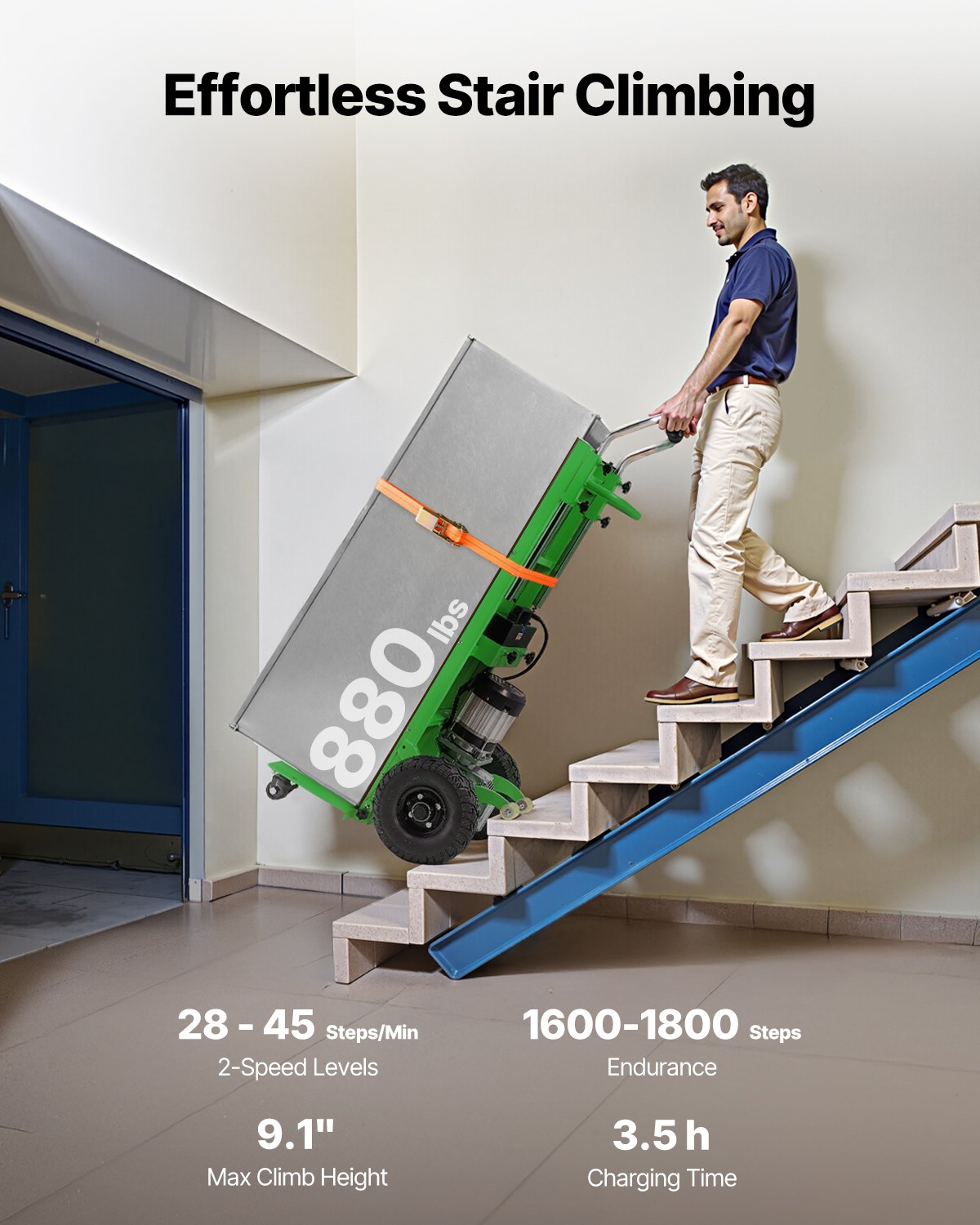VEVOR Electric Stair Climbing Dolly, 880lbs Electric Stair Climbing Hand Trucks with 157.5in Rope & Extendable Handle, Heavy Duty Stair Climber for Warehouse Logistics, Moving Furniture(Green)