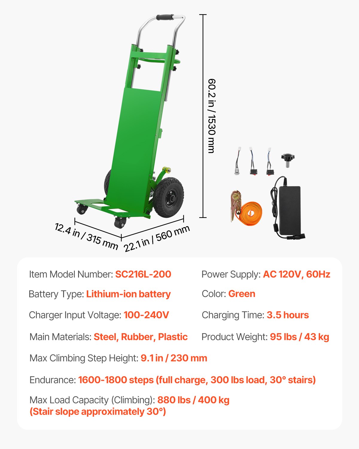 VEVOR Electric Stair Climbing Dolly, 880lbs Electric Stair Climbing Hand Trucks with 157.5in Rope & Extendable Handle, Heavy Duty Stair Climber for Warehouse Logistics, Moving Furniture(Green)