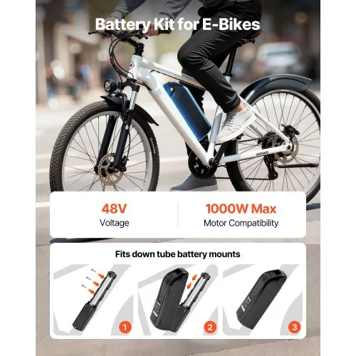 VEVOR Ebike Battery, 48V 13Ah Electric Bike Lithium Battery Pack with BMS, 3A Charger and Lock for 1000W E-Bike Motor, Detachable Electric Bicycle Replacement Kit with Indicator & Discharge Socket | VEVOR US VEVOR Ebike Battery, 48V 13Ah Electric Bike Lithium Battery Pack with BMS, 3A Charger and Lock for 1000W E-Bike Motor, Detachable Electric Bicycle Replacement Kit with Indicator & Discharge Socket | VEVOR US