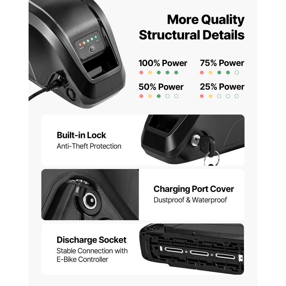 VEVOR Ebike Battery, 48V 13Ah Electric Bike Lithium Battery Pack with BMS, 3A Charger and Lock for 1000W E-Bike Motor, Detachable Electric Bicycle Replacement Kit with Indicator & Discharge Socket