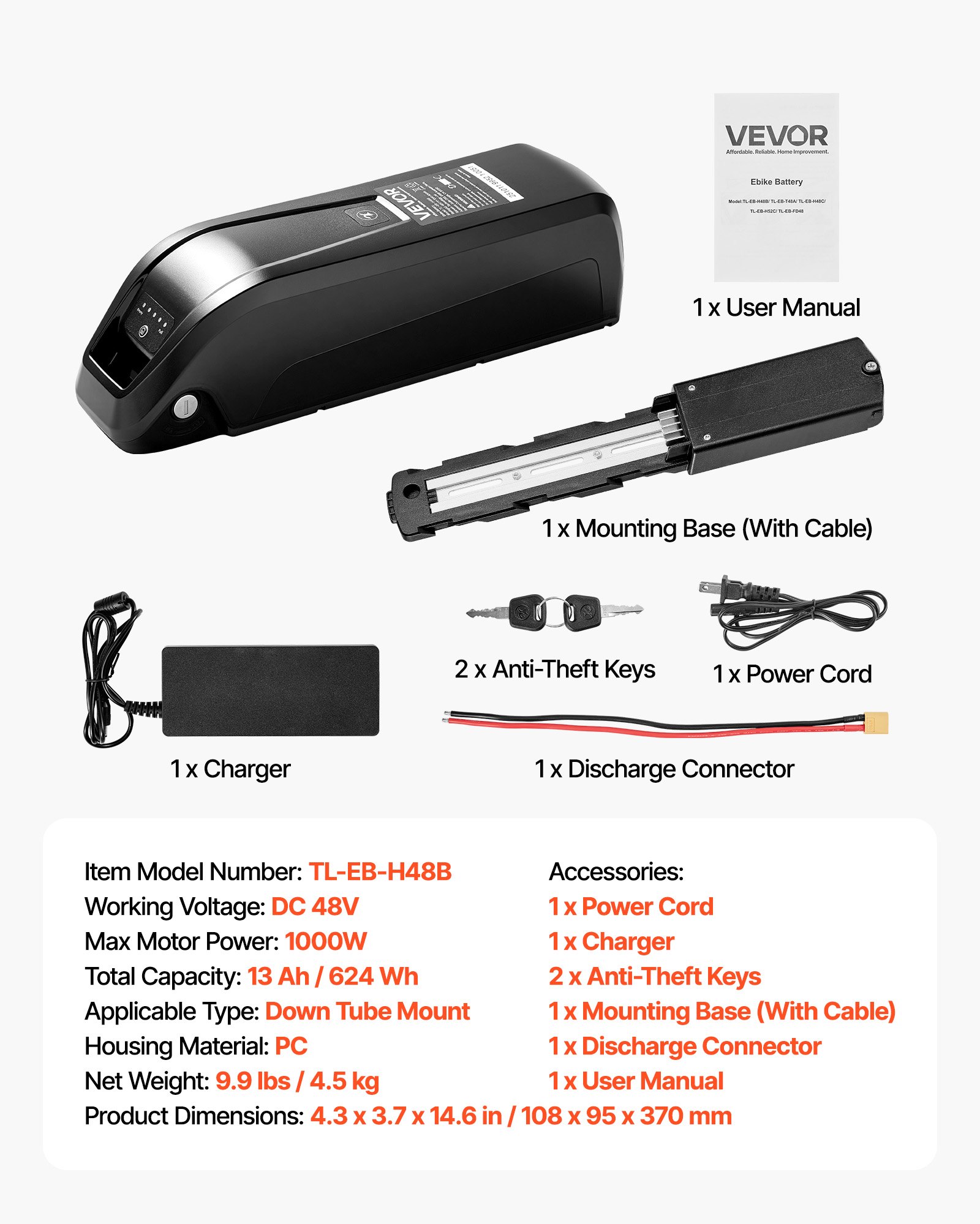 VEVOR Ebike Battery, 48V 13Ah Electric Bike Lithium Battery Pack with BMS, 3A Charger and Lock for 1000W E-Bike Motor, Detachable Electric Bicycle Replacement Kit with Indicator & Discharge Socket