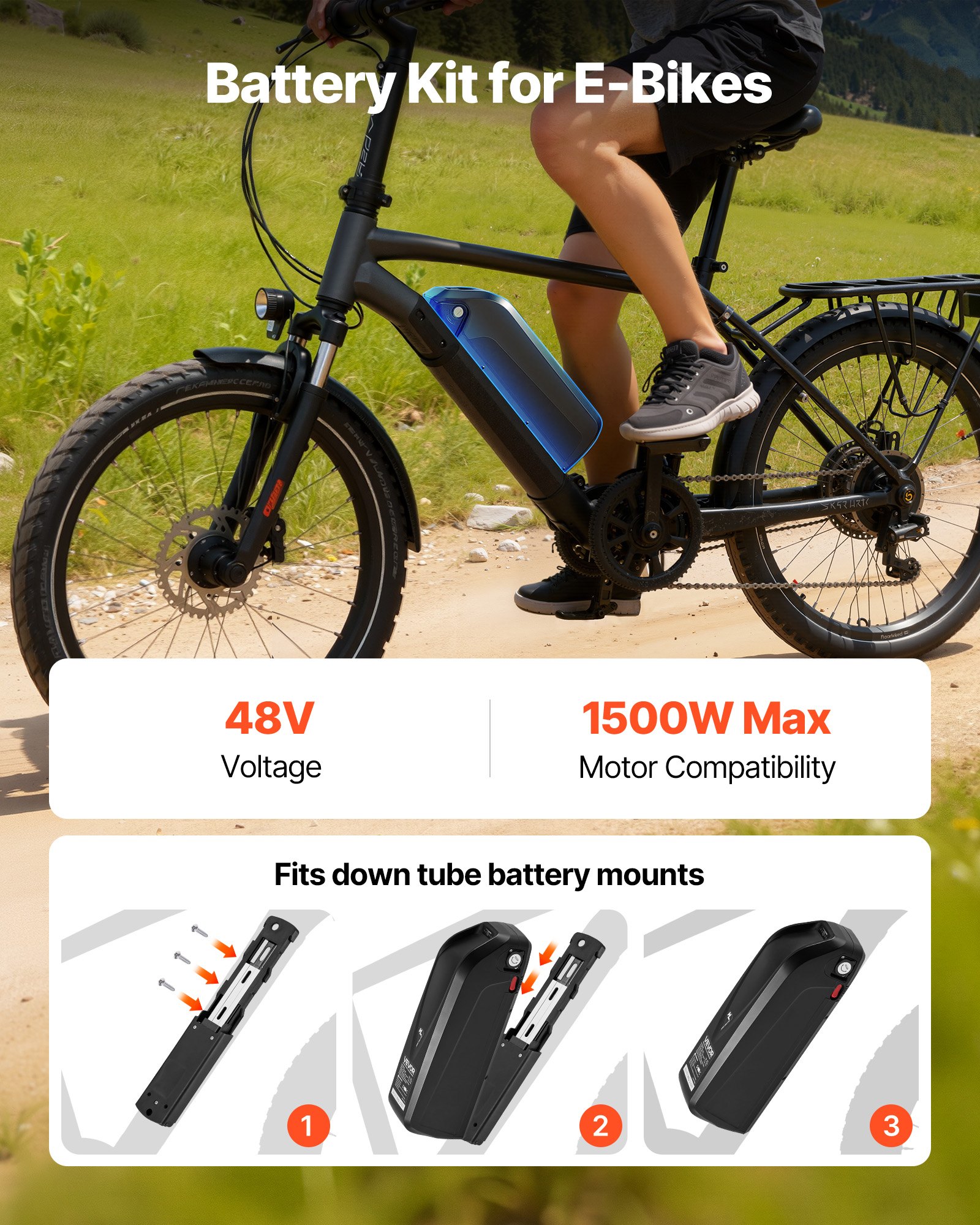 VEVOR Ebike Battery, 48V 20Ah Electric Bike Lithium Battery Pack with BMS, USB Charge Port, 3A Charger & Lock for 1500W E-Bike Motor, Detachable Electric Bicycle Replacement Kit with Discharge Socket