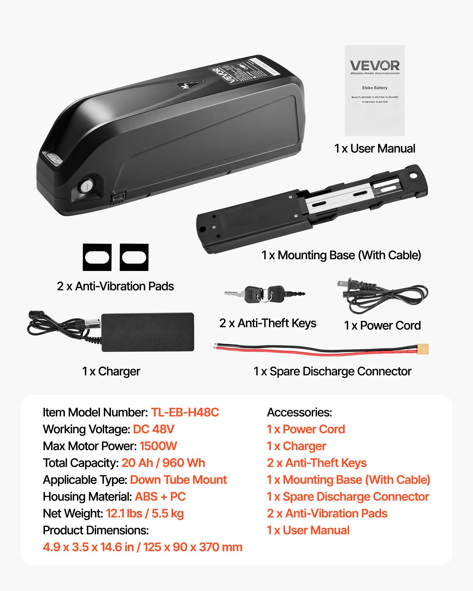 VEVOR Ebike Battery, 48V 20Ah Electric Bike Lithium Battery Pack with BMS, USB Charge Port, 3A Charger & Lock for 1500W E-Bike Motor, Detachable Electric Bicycle Replacement Kit with Discharge Socket