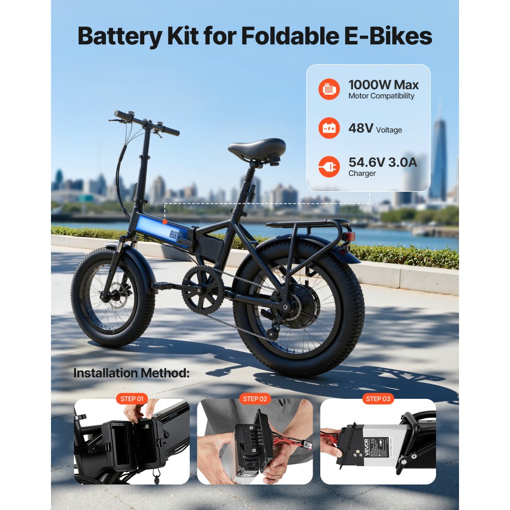 VEVOR Folding Ebike Battery, 48V 10.4Ah Electric Bike Lithium Battery Pack with BMS, 3A Charger, Lock for 1000W E-Bike Motor, Detachable Electric Bicycle Replacement Kit with Handle & Discharge Socket