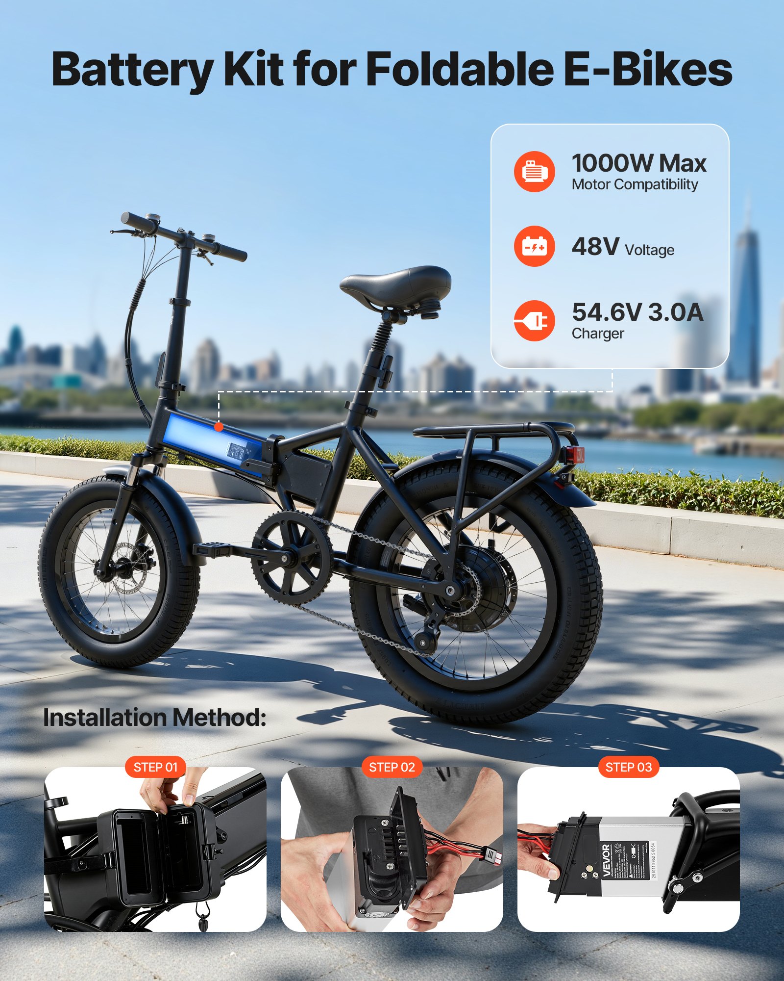 VEVOR Folding Ebike Battery, 48V 10.4Ah Electric Bike Lithium Battery Pack with BMS, 3A Charger, Lock for 1000W E-Bike Motor, Detachable Electric Bicycle Replacement Kit with Handle & Discharge Socket