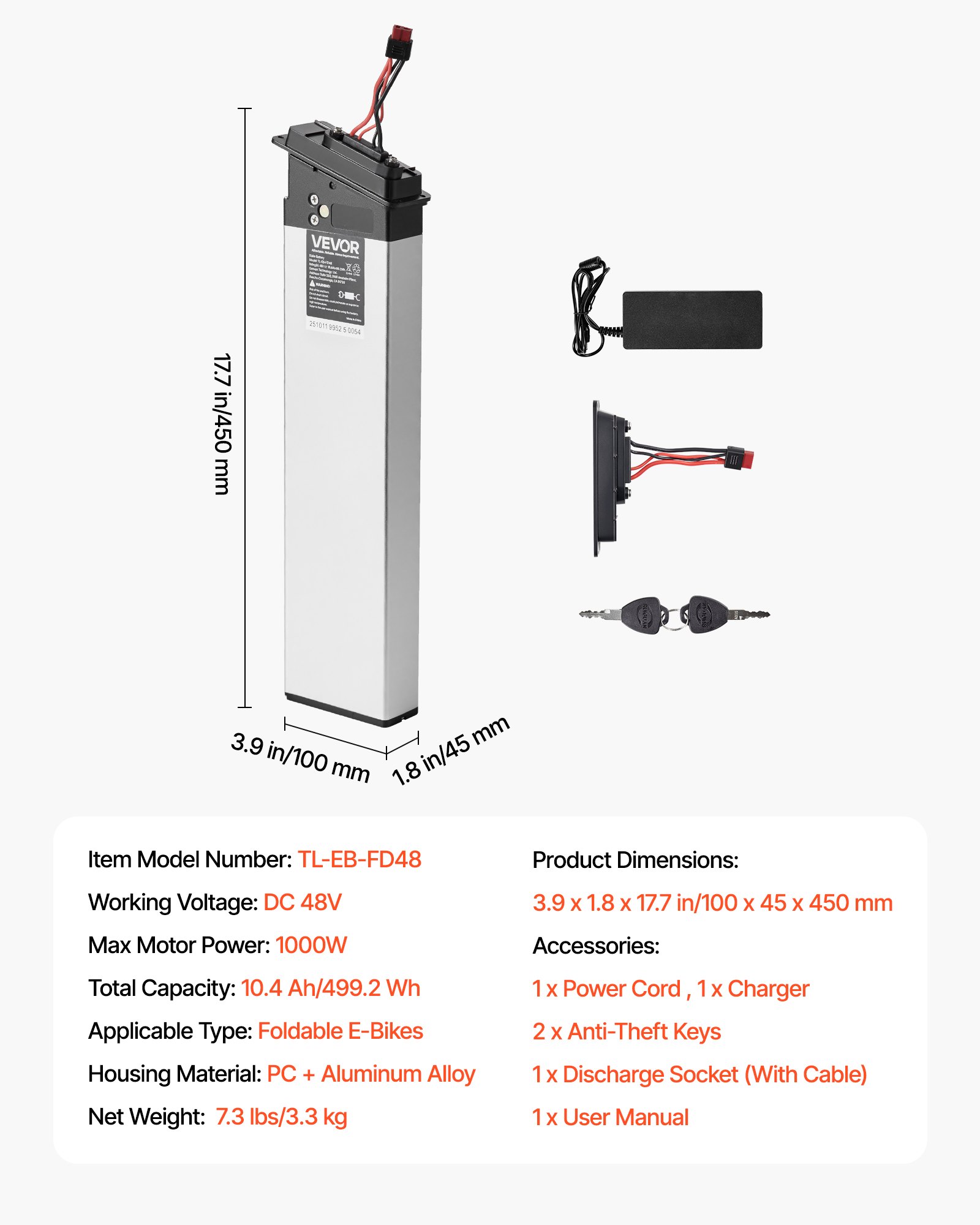 VEVOR Folding Ebike Battery, 48V 10.4Ah Electric Bike Lithium Battery Pack with BMS, 3A Charger, Lock for 1000W E-Bike Motor, Detachable Electric Bicycle Replacement Kit with Handle & Discharge Socket