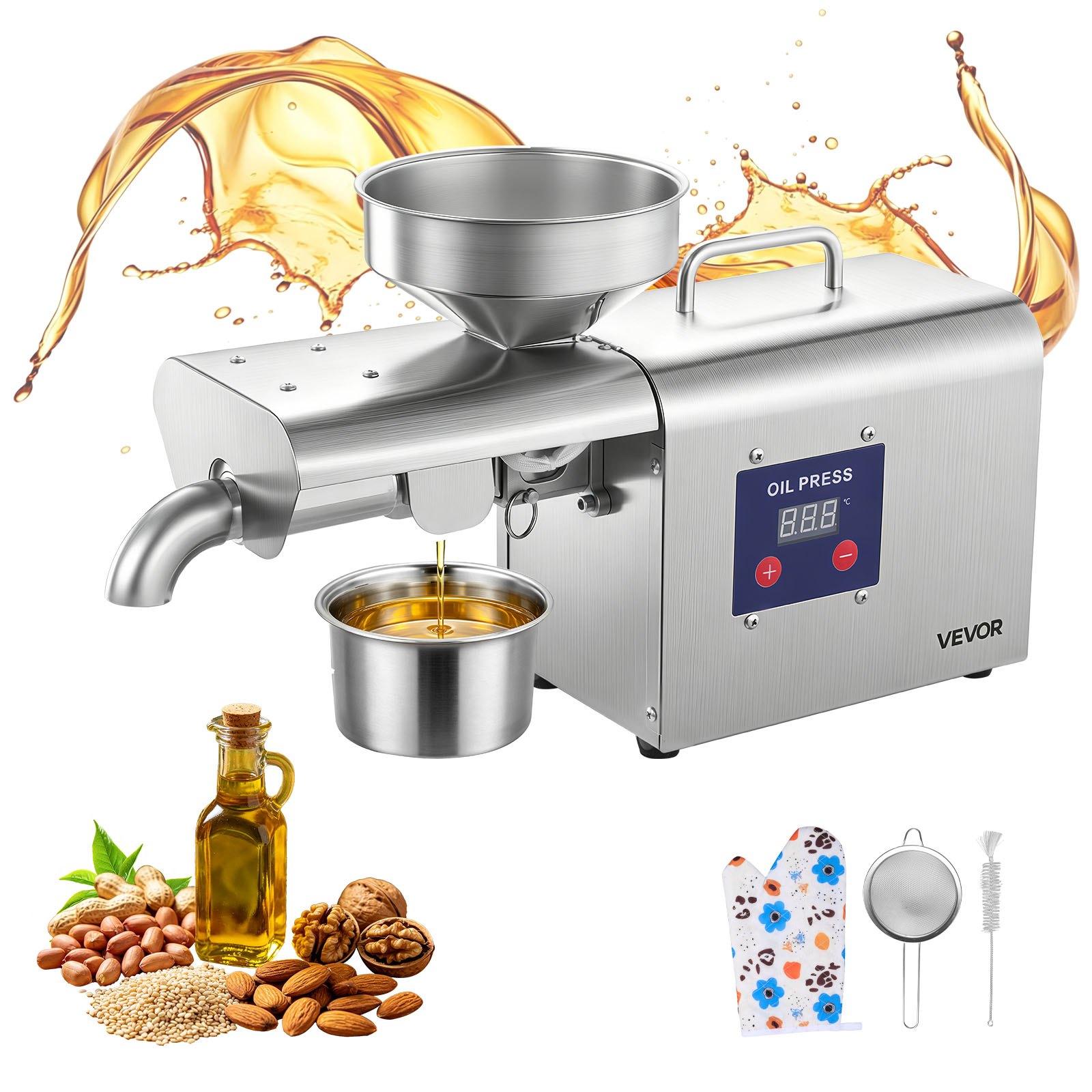 VEVOR Oil Press Machine, 3.75KG/H Capacity, 750W Oil Extractor Machine, Automatic Electric Oil Maker for Home Commercial Use, 50℃-300℃ Hot Pressing for Peanuts Sesames Soybeans Almonds