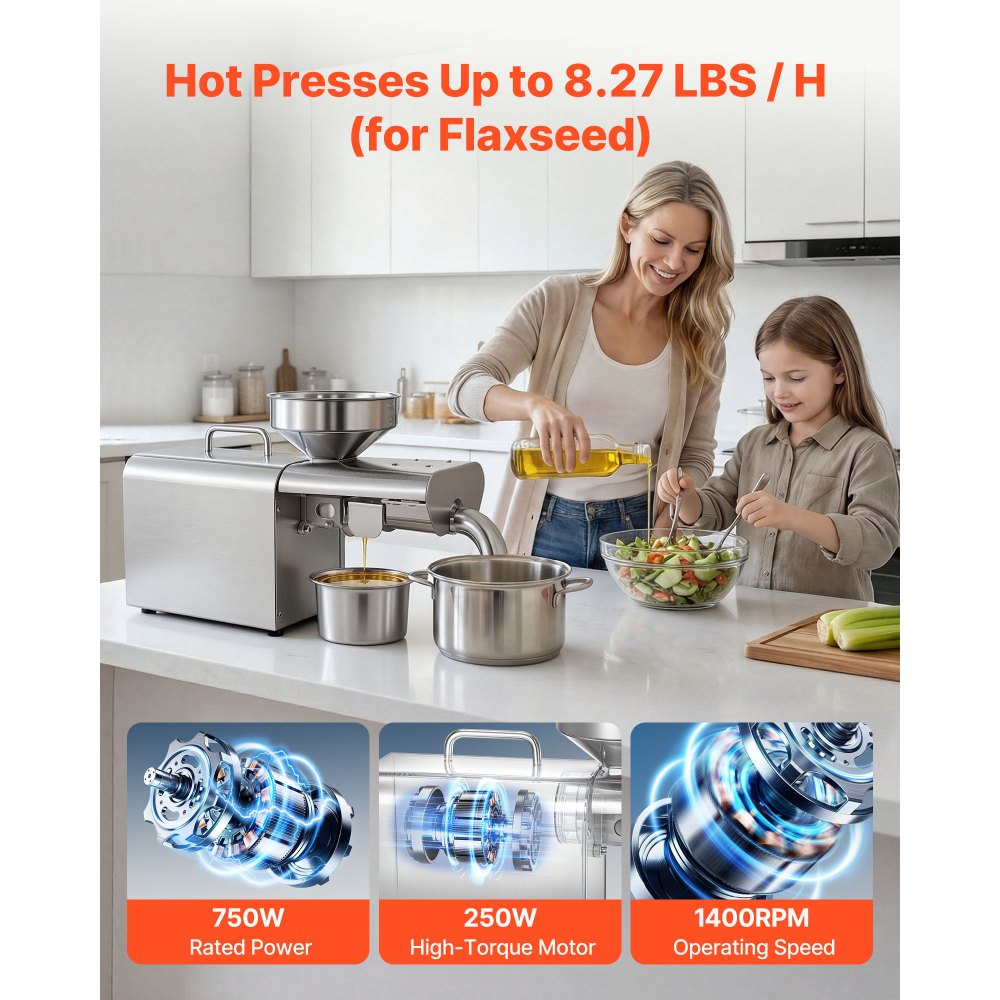 VEVOR Oil Press Machine, 3.75KG/H Capacity, 750W Oil Extractor Machine, Automatic Electric Oil Maker for Home Commercial Use, 50℃-300℃ Hot Pressing for Peanuts Sesames Soybeans Almonds