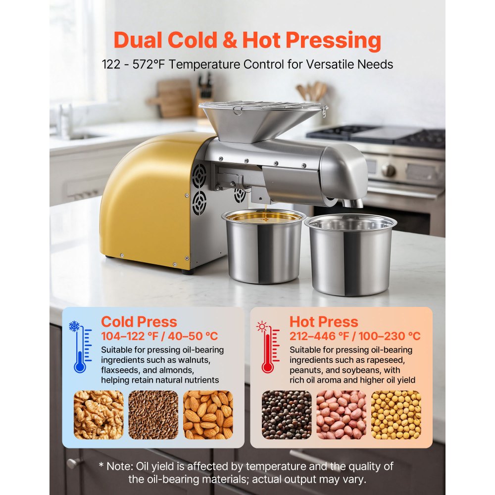 VEVOR Oil Press Machine, 5KG/H Capacity, 1250W Oil Extractor Machine, Automatic Electric Oil Maker for Home Commercial Use, 50℃-300℃ Hot & Cold Pressing for Peanuts Sesames Soybeans Almonds
