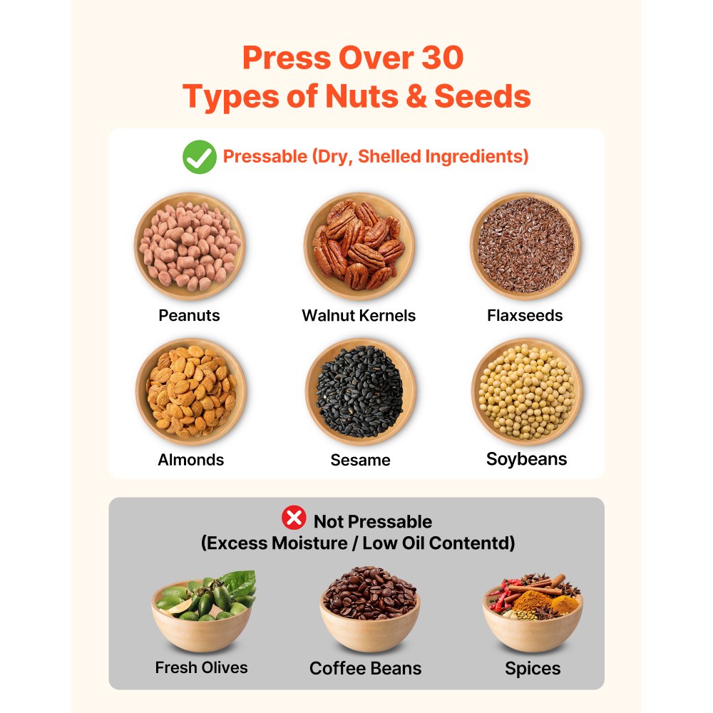 VEVOR Oil Press Machine, 5KG/H Capacity, 1250W Oil Extractor Machine, Automatic Electric Oil Maker for Home Commercial Use, 50℃-300℃ Hot & Cold Pressing for Peanuts Sesames Soybeans Almonds