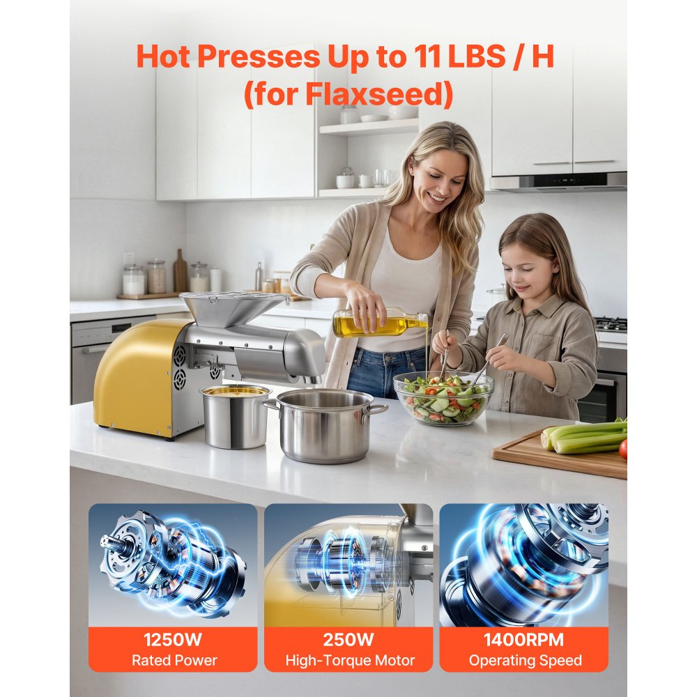 VEVOR Oil Press Machine, 5KG/H Capacity, 1250W Oil Extractor Machine, Automatic Electric Oil Maker for Home Commercial Use, 50℃-300℃ Hot & Cold Pressing for Peanuts Sesames Soybeans Almonds